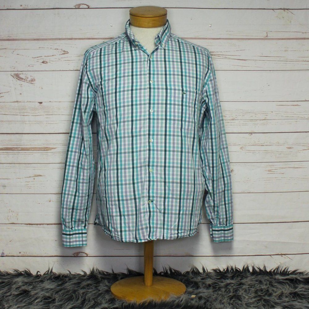 Lacoste Modern Fit Dress Shirt Button Down Men 44 Green Gingham Plaid Checked XL